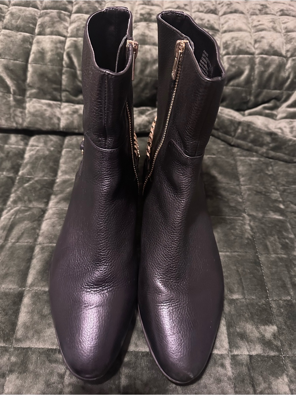 Calvin Klein Black Leather Pointed-Toe Ankle Booties with Gold Zippers